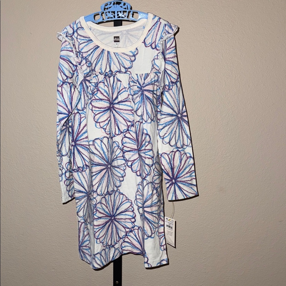 Tea Collection Crayon Chrysanthemum Long Sleeve Dress Purple Blue Girl’s Size 6